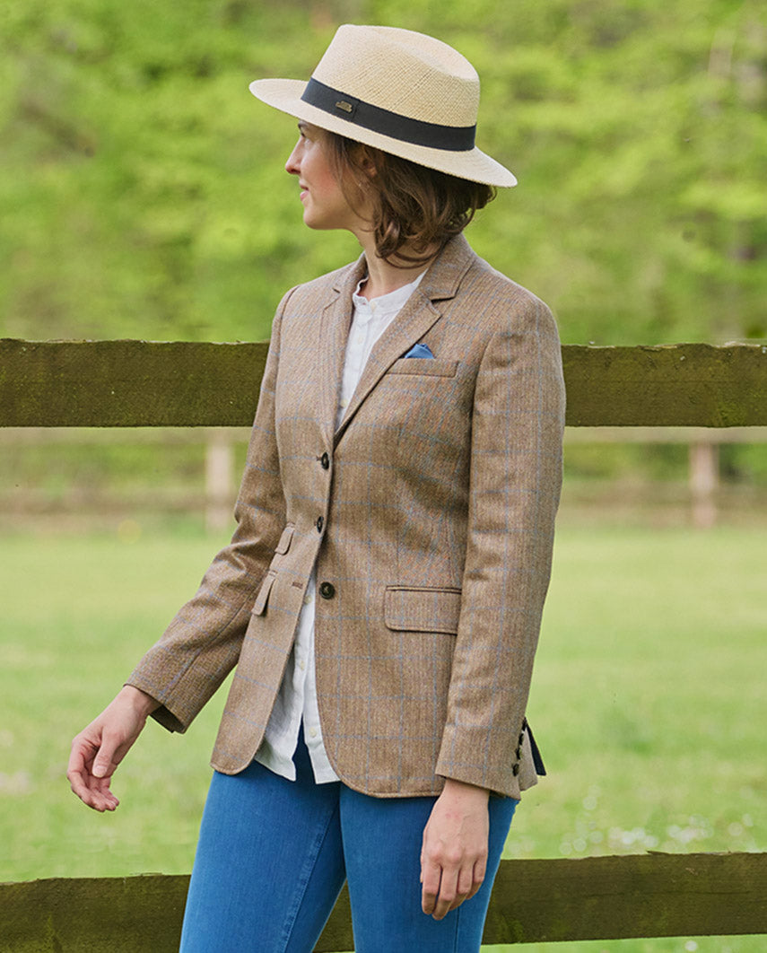 Damen Seidenblazer ''Carola'' im Fischgratdessin mit blauem Überkaro