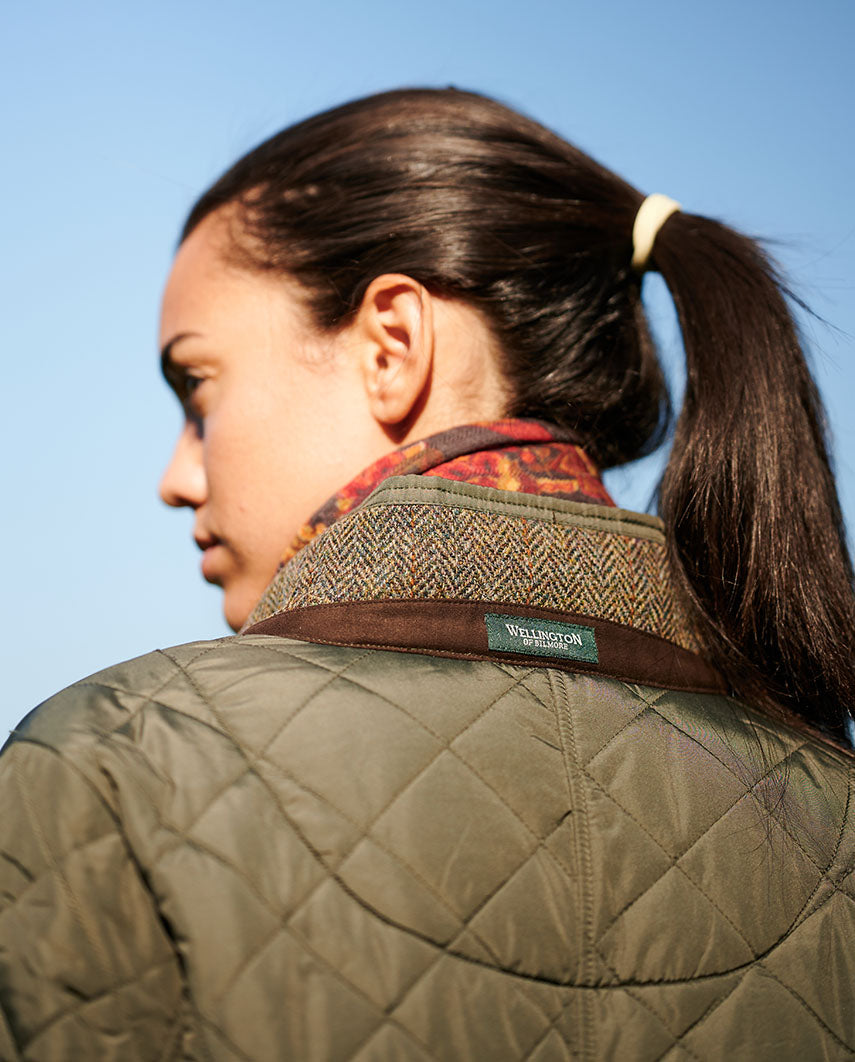 Steppmantel ''Gabby'' mit Tweed Besatz in oliv