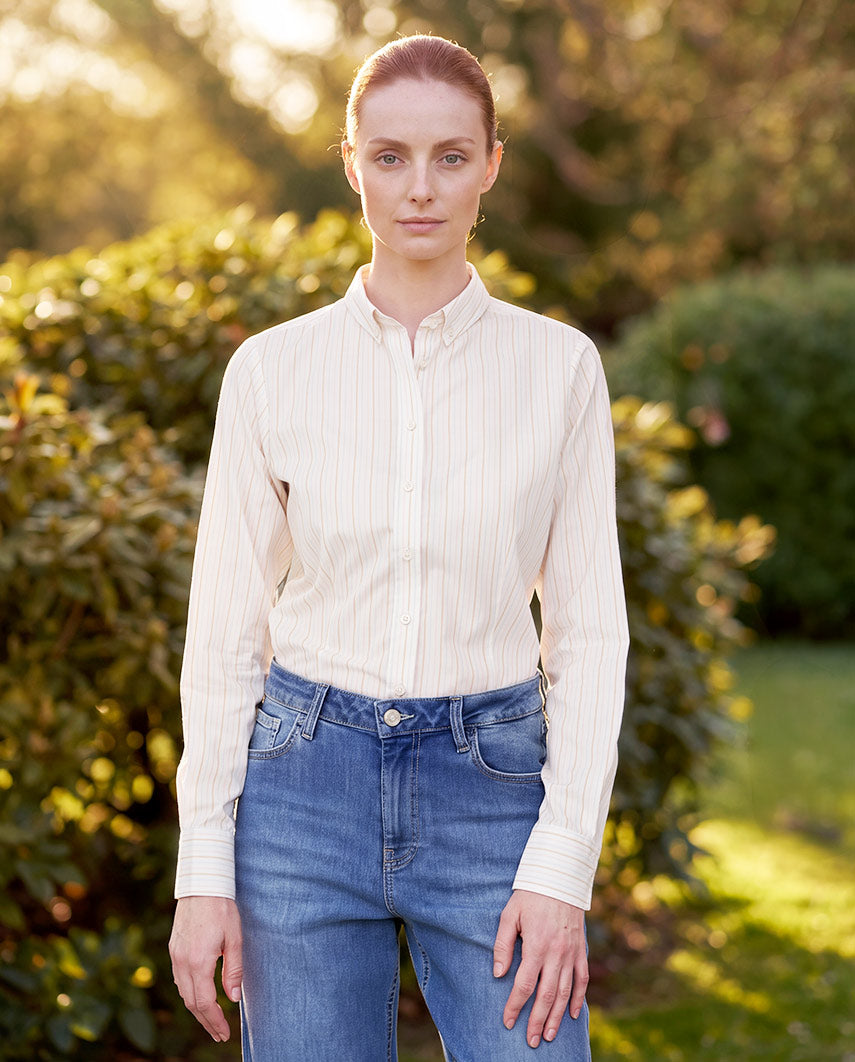 Damenbluse ,,Stella'' aus Baumwoll-Seide – Beige Rose Blue Stripe