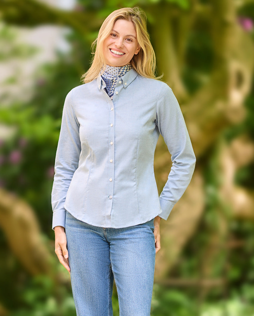 Button-Down Damenbluse „Stella“ in blau melange