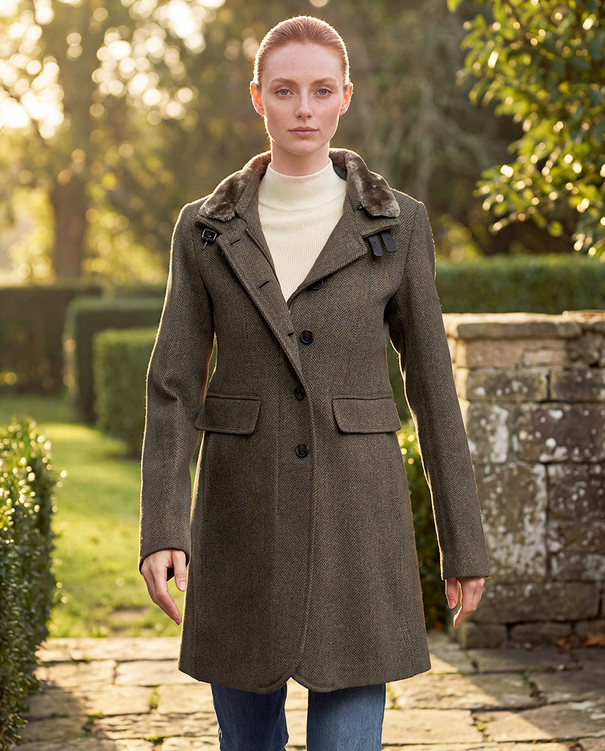 Tweed mantel "Paula" van wol-kasjmier in Green Hill Tweed