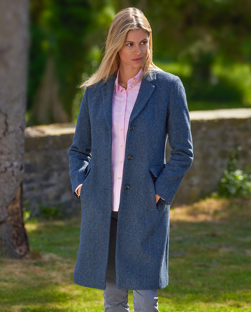 Tweed Blazermantel "Emilia" aus Woll-Kaschmir in Blue Herringbone