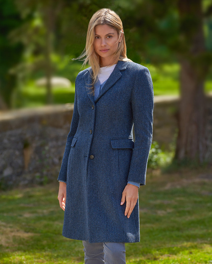 Tweed Blazermantel "Emilia" aus Woll-Kaschmir in Blue Herringbone
