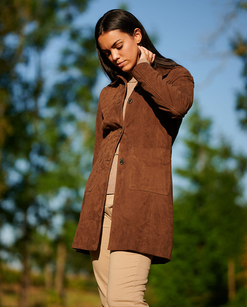 "Lynn" leather coat in chocolate brown goat suede