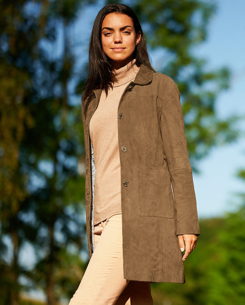 "Lynn" leather coat in mud-colored goat suede