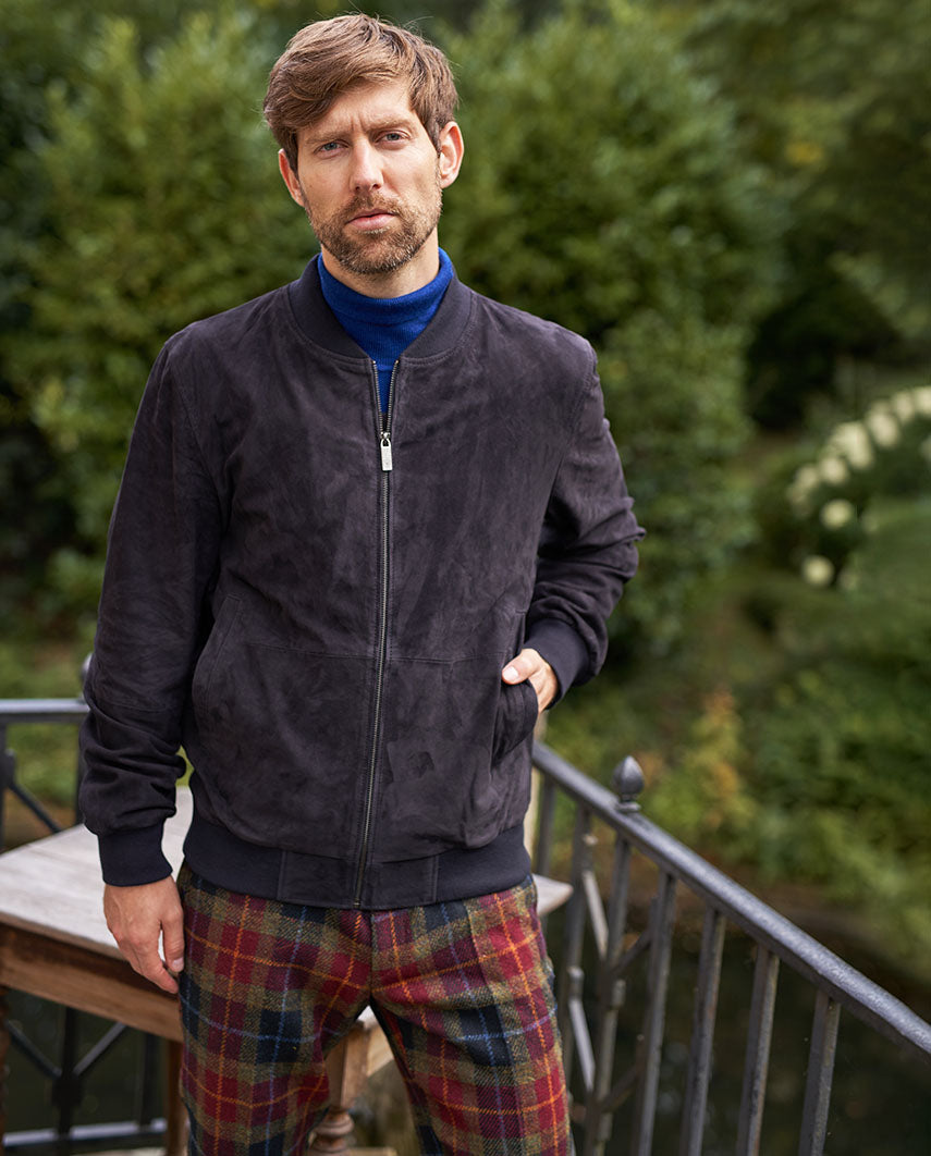 Herren Lederblouson "Bomber" aus Ziegenvelours in navy