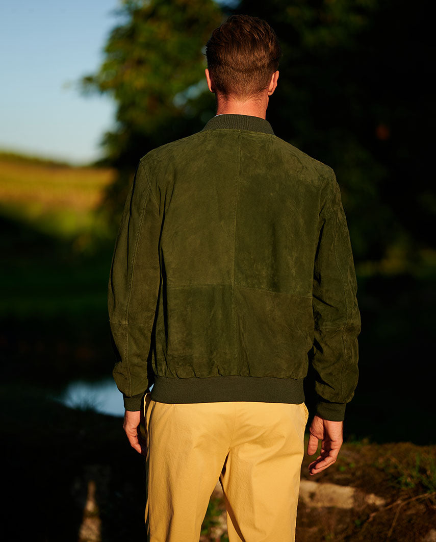 Herren Leder Blouson ''Bomber'' aus Ziegenvelours in grün