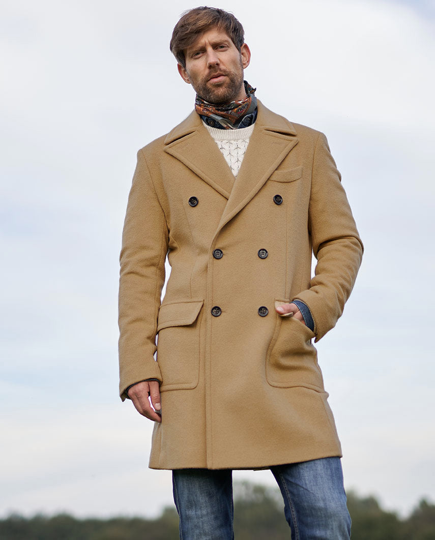 Zweireiher Wollmantel ”Dorchester” in camel aus Woll-Kaschmir-Qualität für Herren