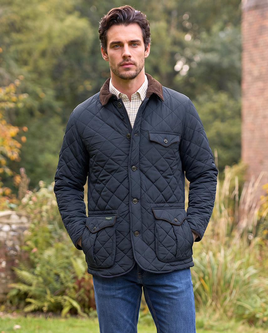 Men's quilted jacket ''Boston'' in navy with Harris Tweed applications