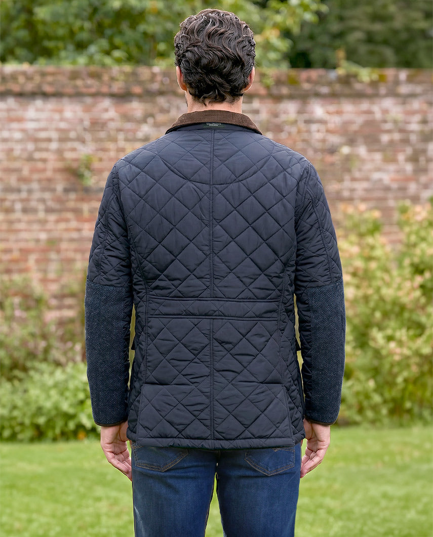 Men's quilted jacket ''Boston'' in navy with Harris Tweed applications