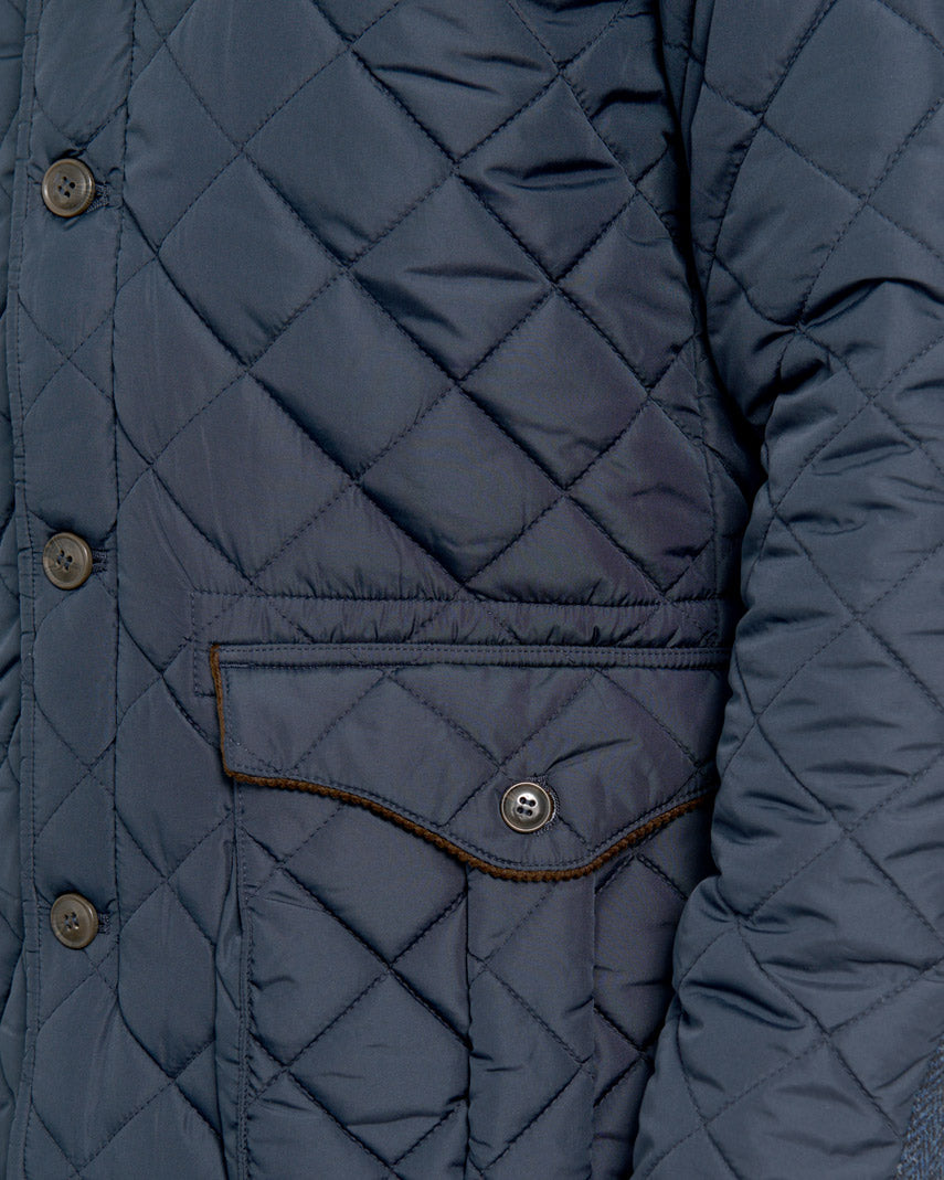 Men's quilted jacket ''Boston'' in navy with Harris Tweed applications