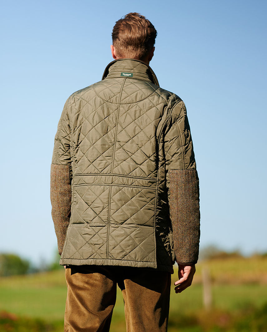 Herren Steppjacke ''Boston'' in oliv mit Harris Tweed Applikationen