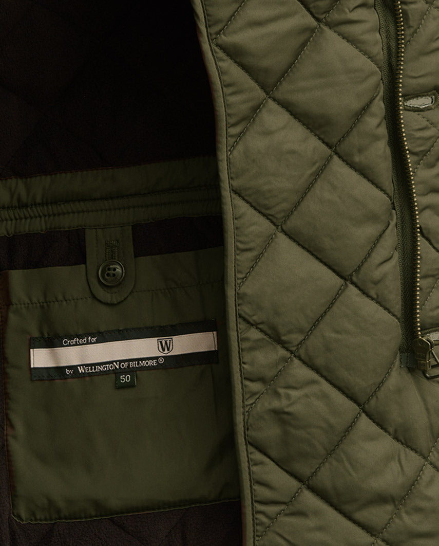 Herren Steppjacke "Boston" in oliv mit Harris Tweed Applikationen