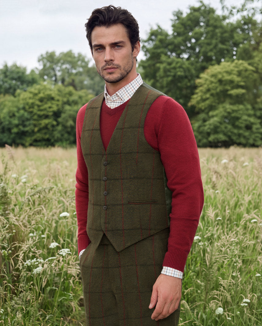 Tailor - Harris Tweed Waistcoat with Silk Back in "Green Overcheck"