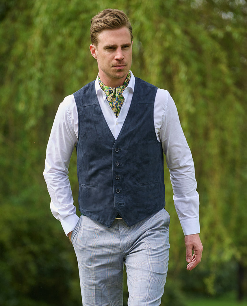 Men's leather vest "Tailor" made of super soft goat suede in denim blue