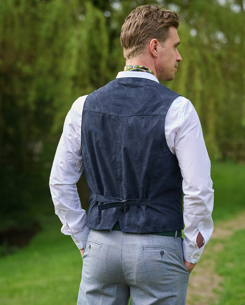 Men's leather vest "Tailor" made of super soft goat suede in denim blue