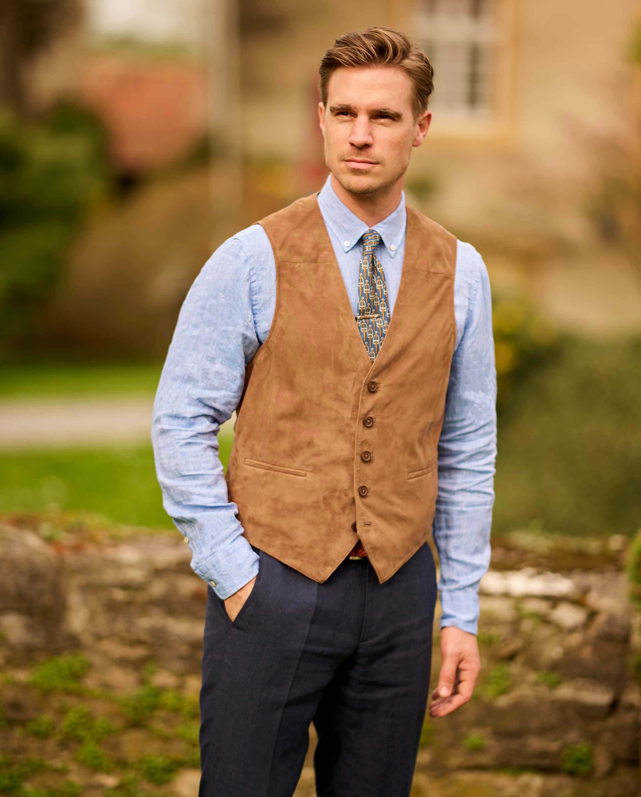 Men's leather vest "Tailor" made of the finest goat suede in cognac