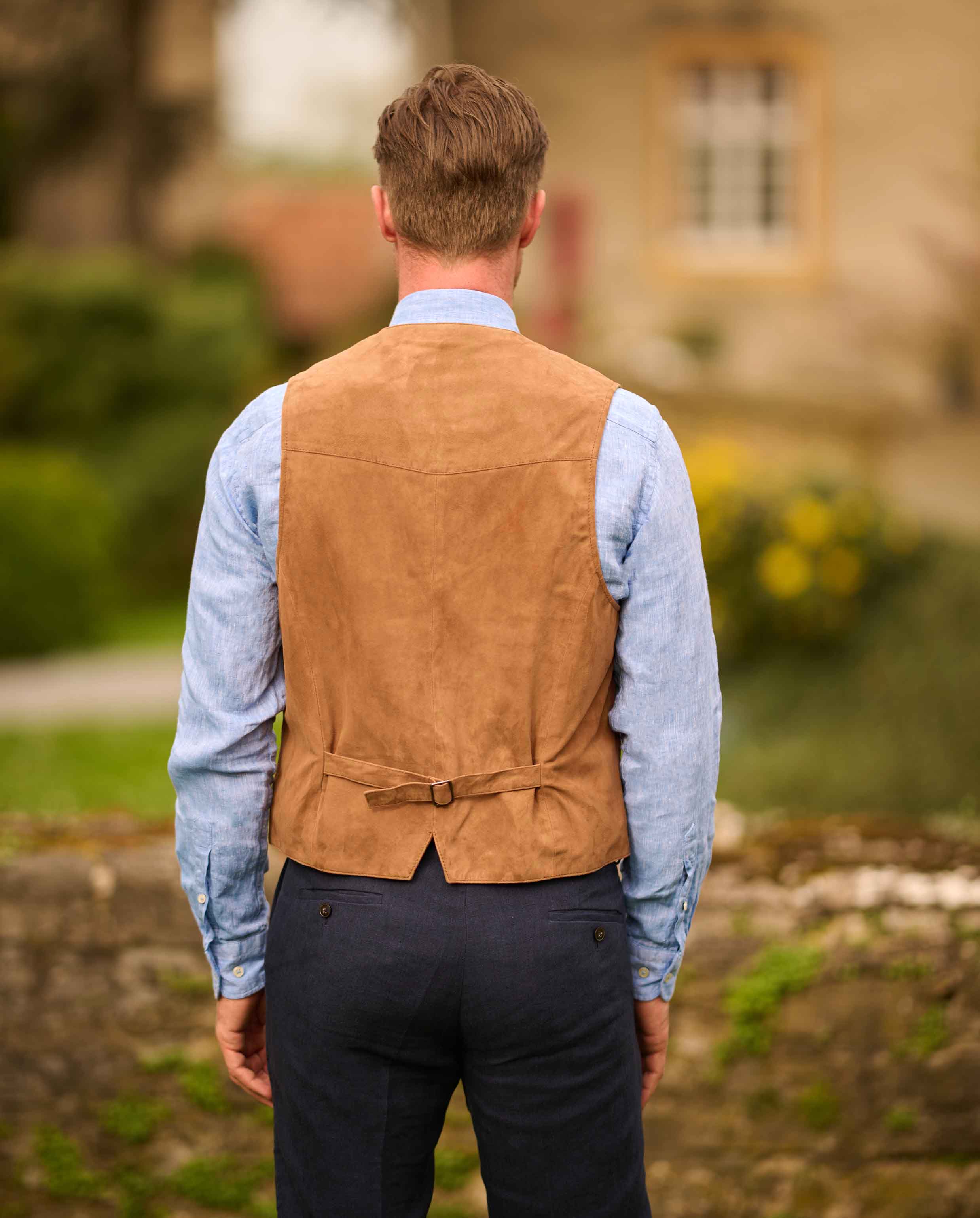 Men's leather vest "Tailor" made of the finest goat suede in cognac
