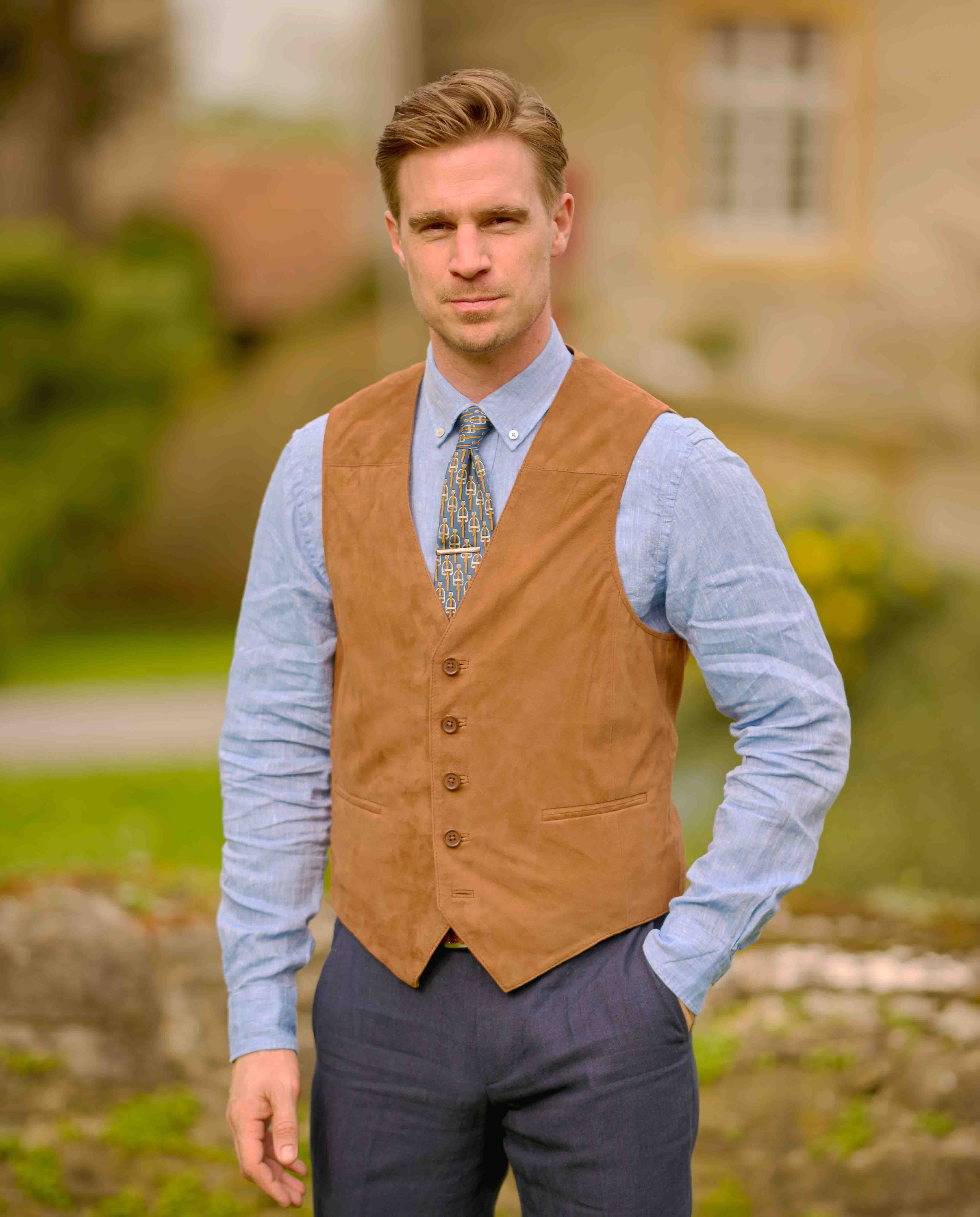 Men's leather vest "Tailor" made of the finest goat suede in cognac