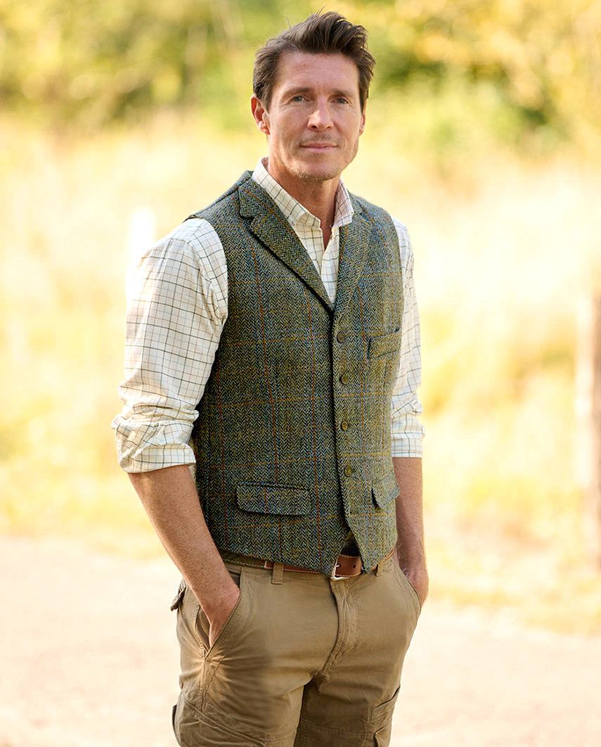 Harris Tweed Weste ''Wales'' in oliv-blue Overcheck