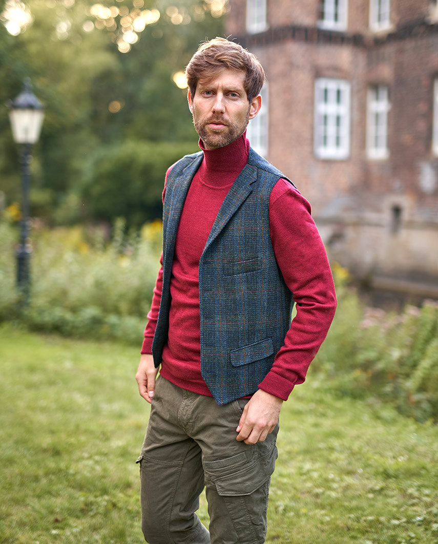Wales - Harris Tweed waistcoat with collar in multi-blue twill