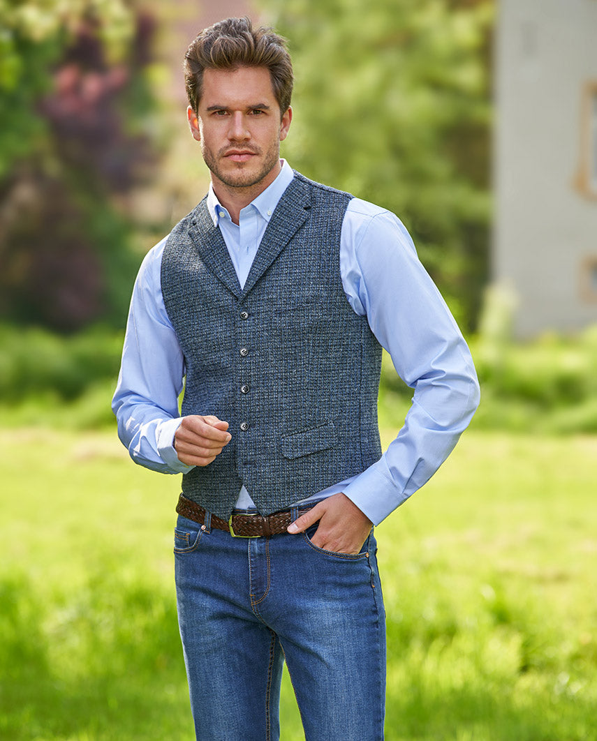 Harris Tweed Weste "Wales" in blue houndstooth