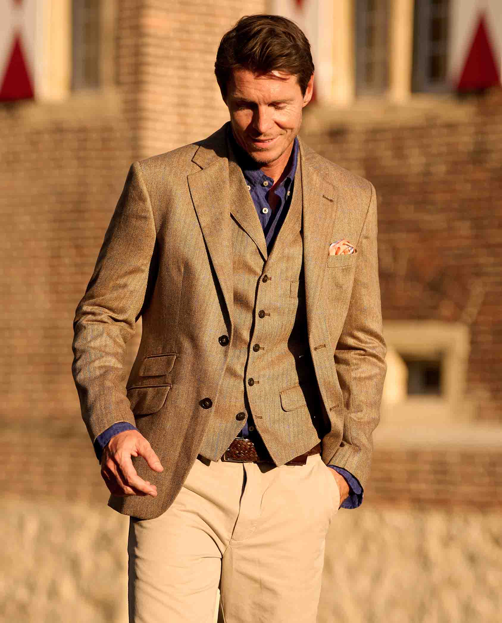 Sommersakko ''London'' aus Seide im Fischgrat mit blauem Überkaro