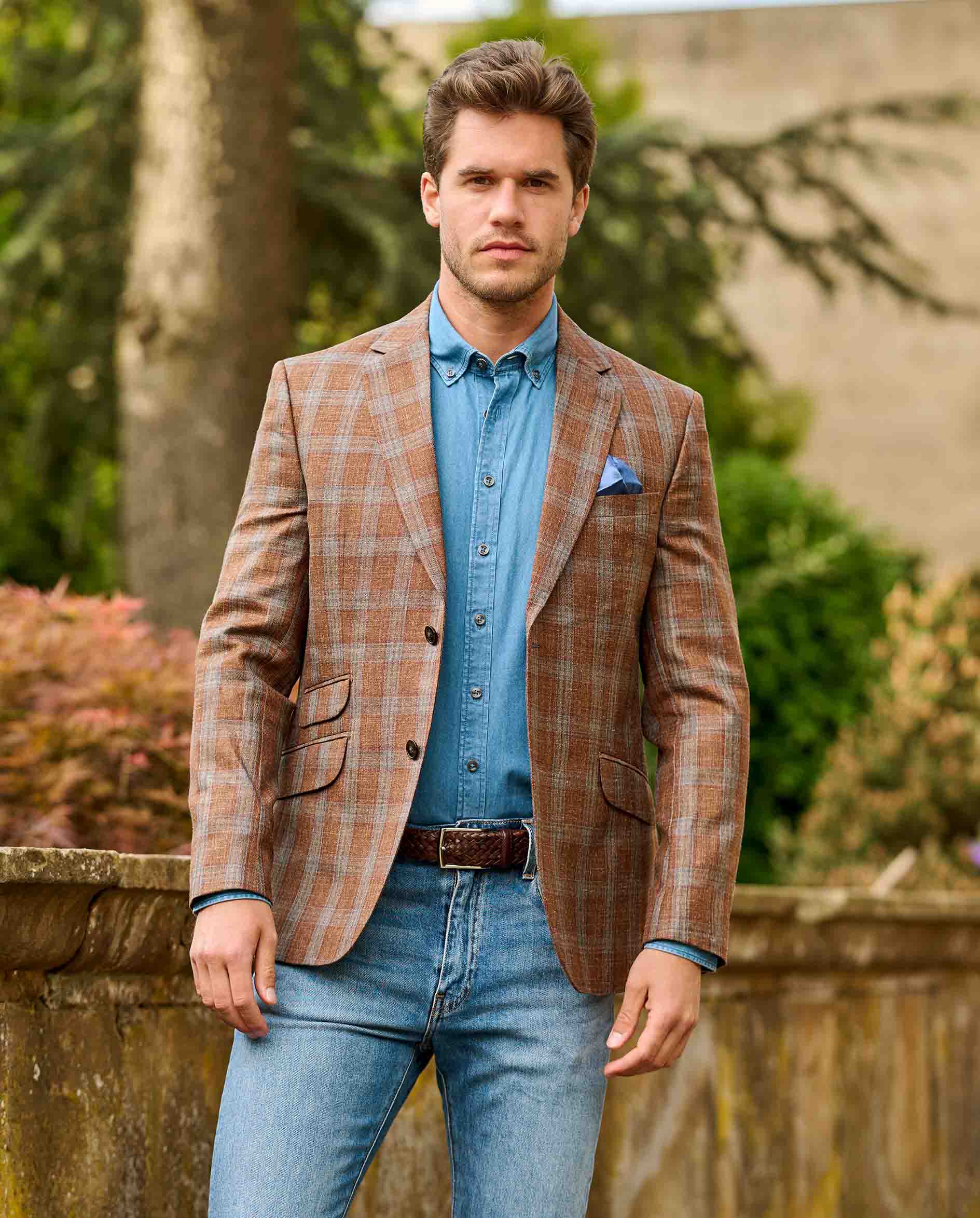 Lightweight summer jacket ''London'' made of virgin wool mix in rust check