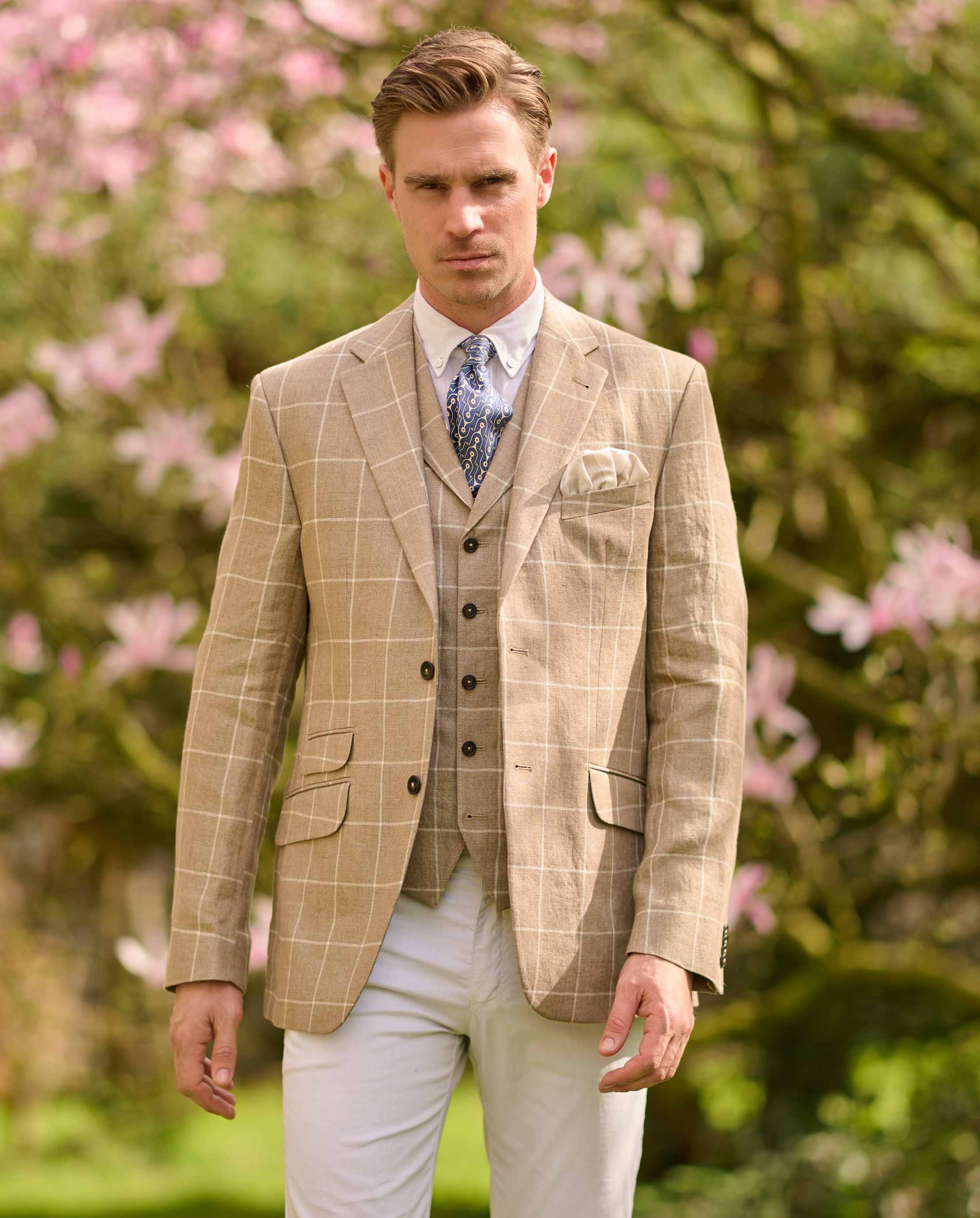 edles Herren Leinensakko ''London'' im beigen Fensterkaro