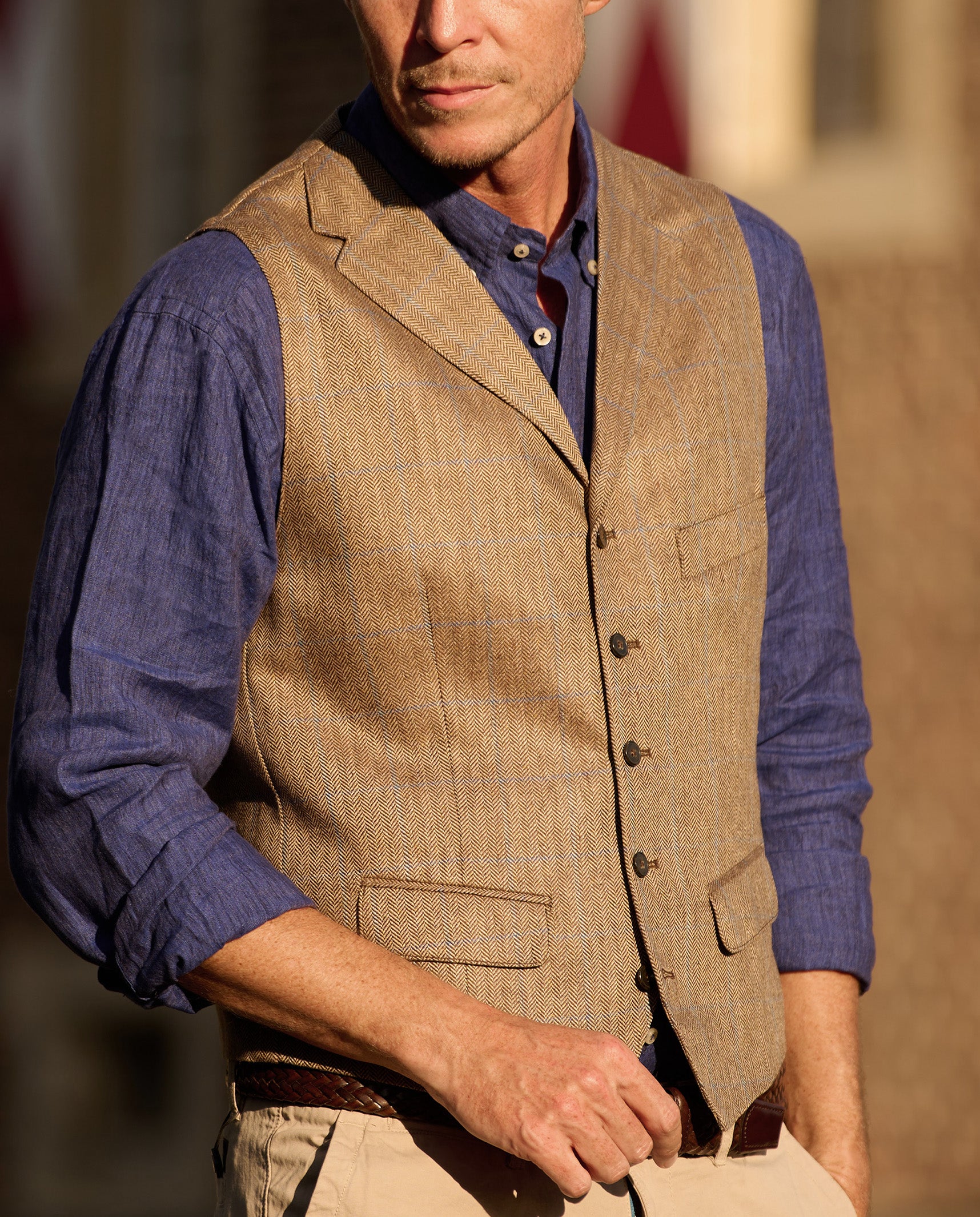 Sommerweste "Wales" aus Seide im Fischgrat mit blauem Überkaro