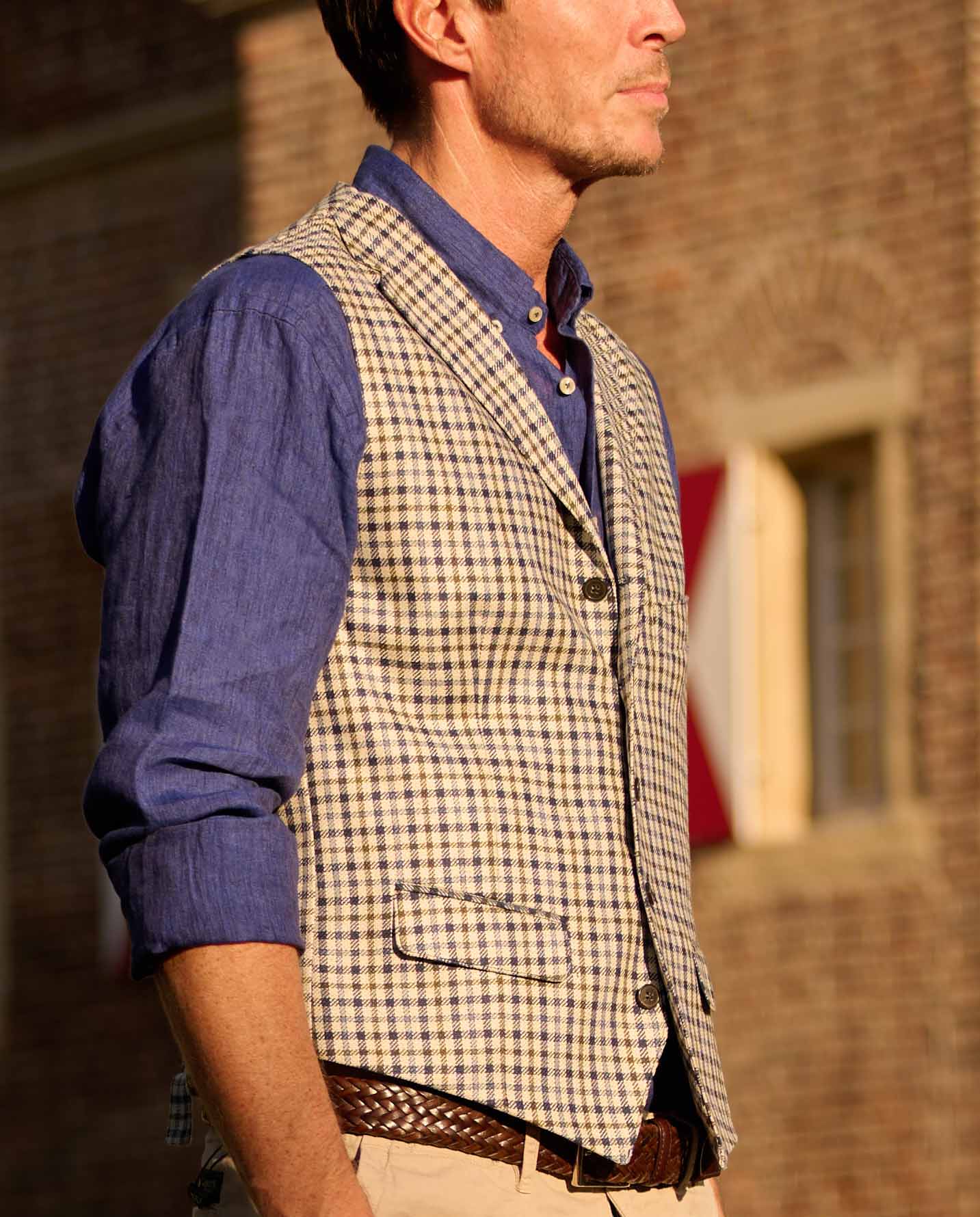 Summer vest "Wales" made of silk in beige-blue-green check