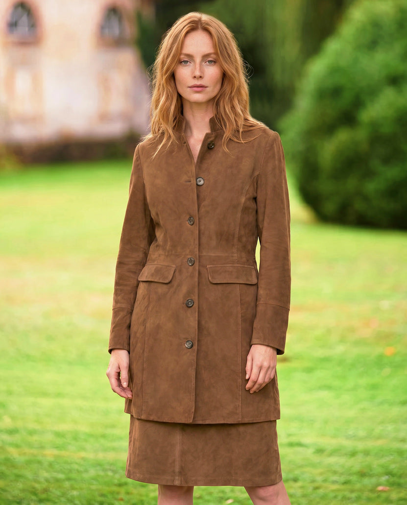 Damen Ledermantel ,,Annie Gehrock'' aus Ziegen-Veloursleder in mud