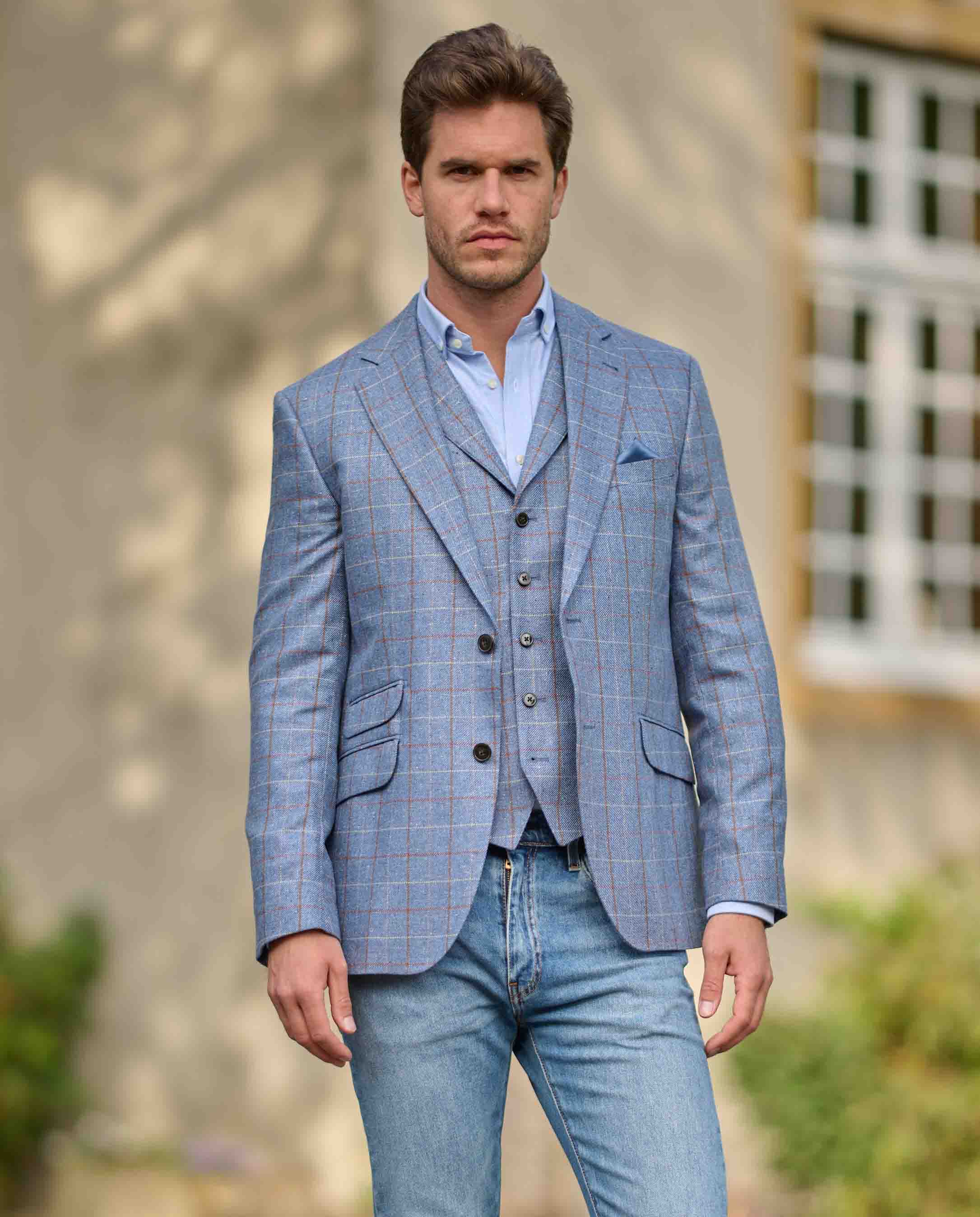 elegant silk jacket "London" in blue with subtle check