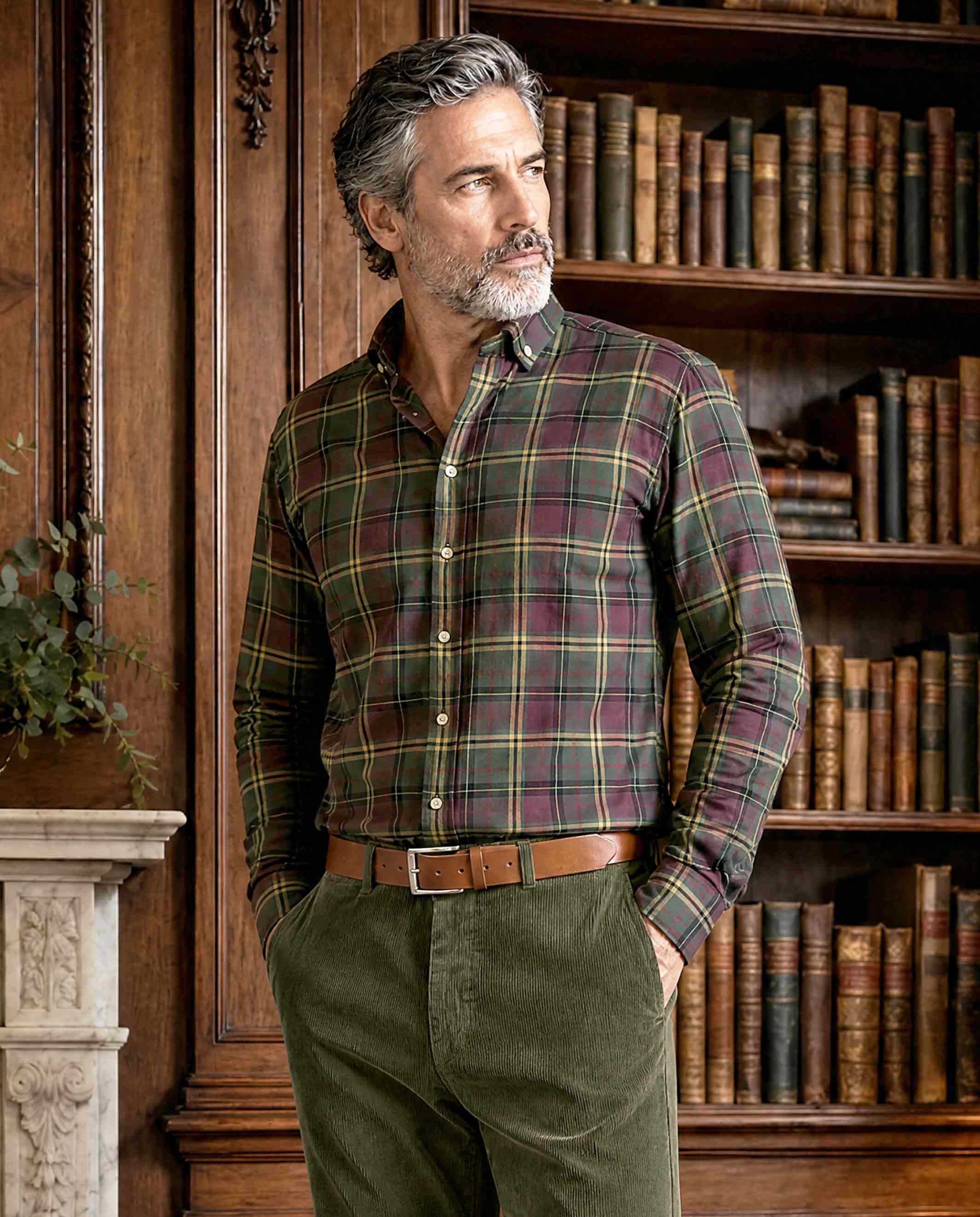 Herrenhemd ‚,Steward'‘ mit Button-Down-Kragen – oliv plum check