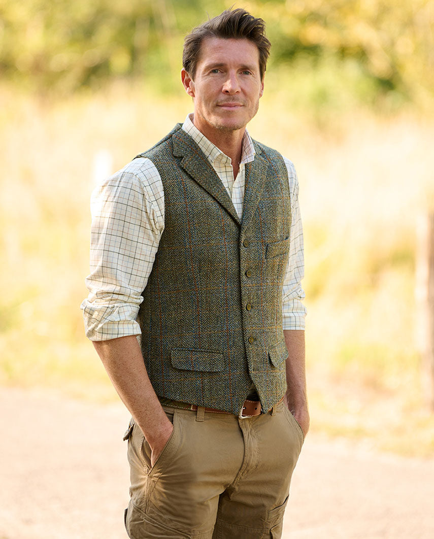 Harris Tweed Weste ''Wales'' in oliv-blue Overcheck