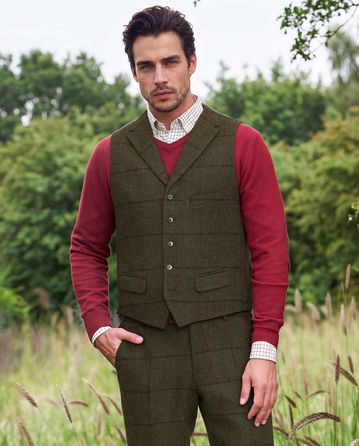 Harris Tweed Vest "Wales" in Green Overcheck