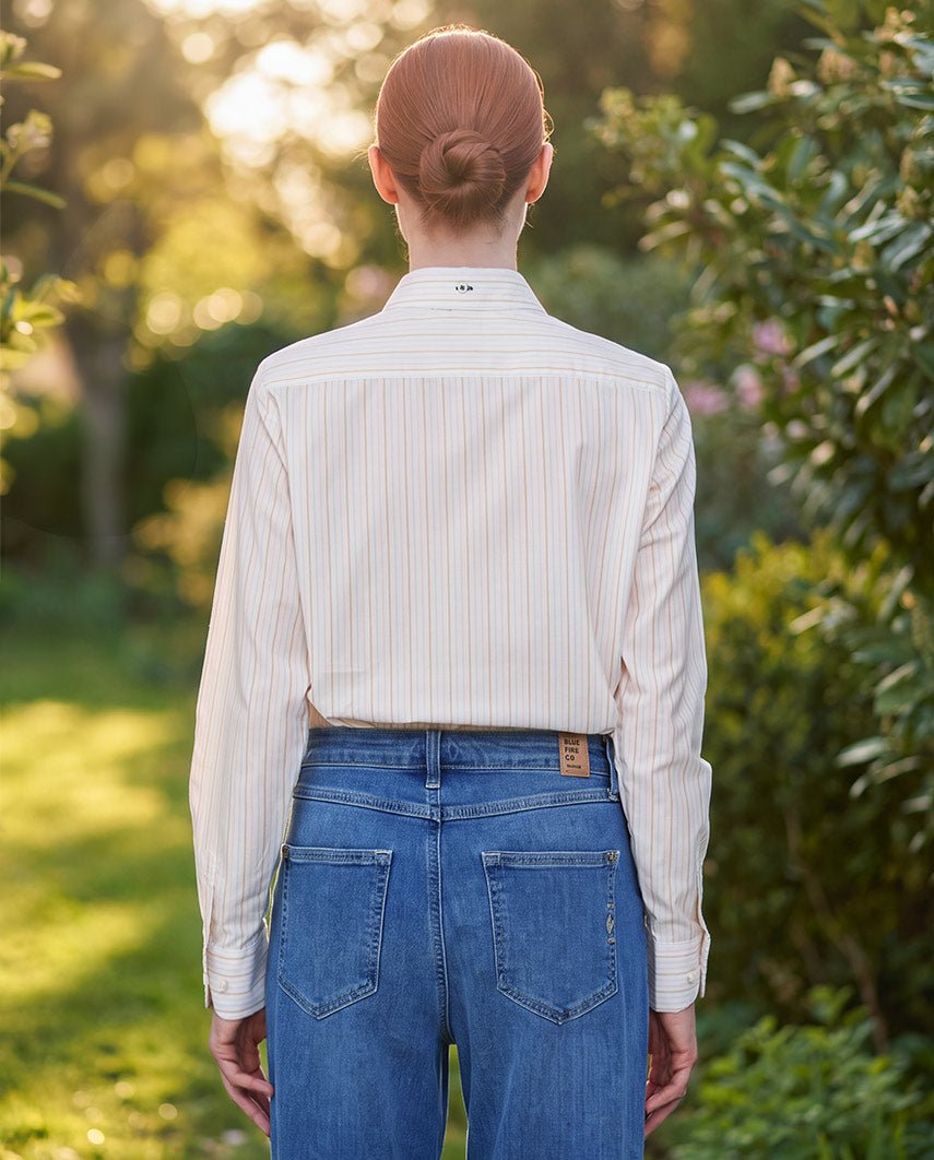 Damesblouse "Stella" van katoen-zijde – Beige Rose Blue Stripe - Wellington of Bilmore