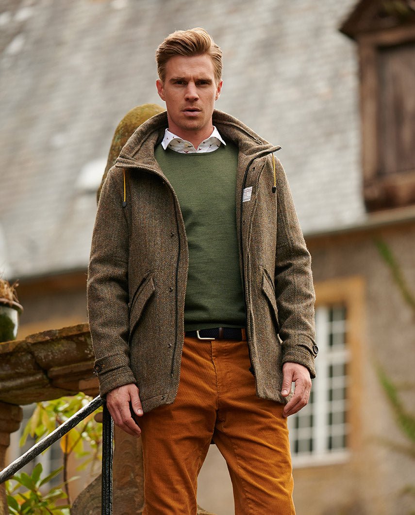 Funktionaler Harris Tweed Parka "Finsbay" in evergreen - Wellington of Bilmore