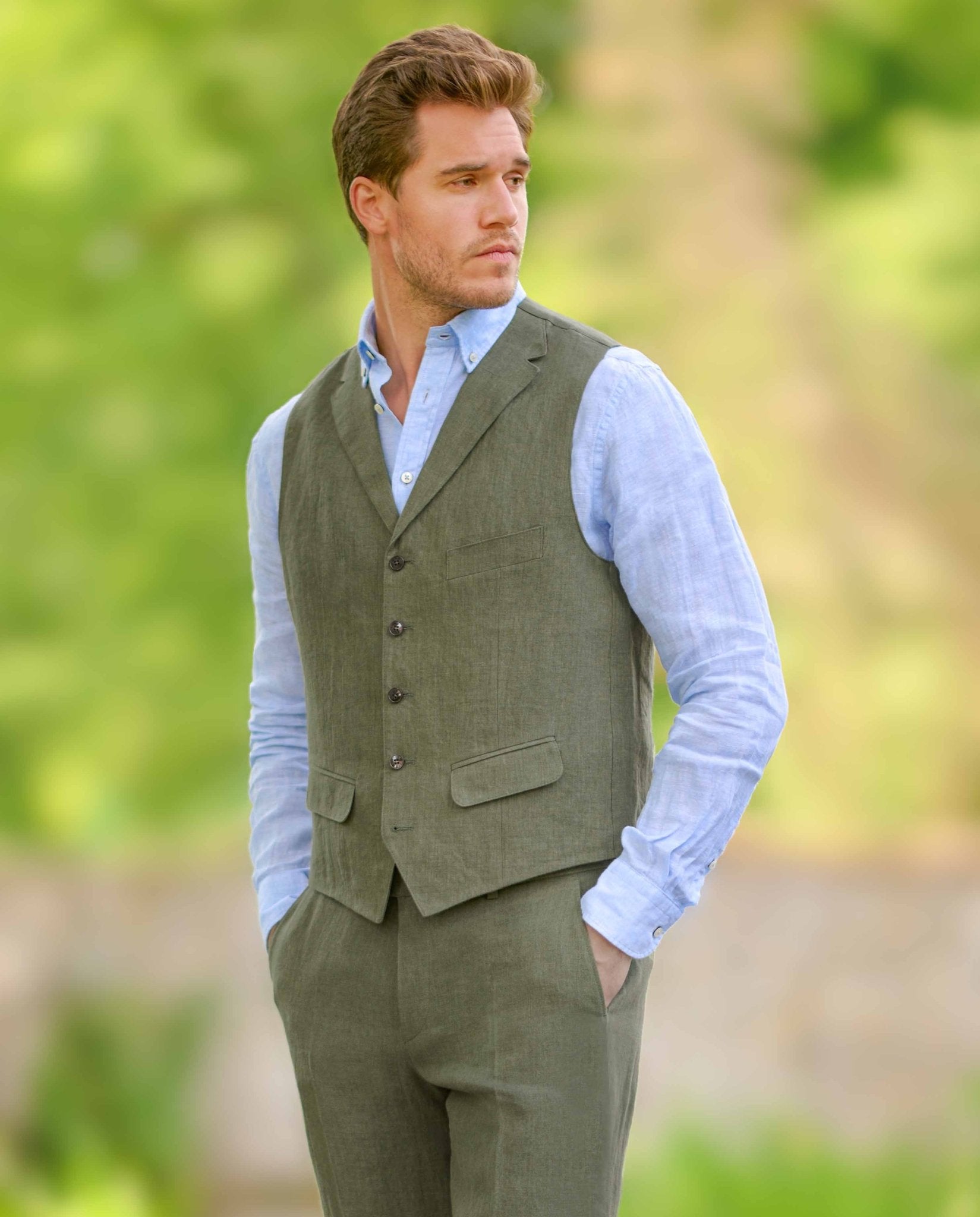 Herren Leinenweste ''Wales'' in oliv - Wellington of Bilmore