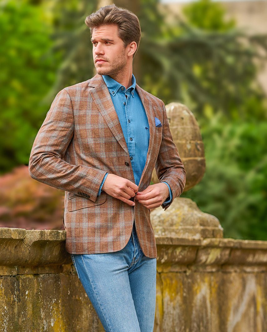 Leichtes Sommersakko ''London'' aus Schurwoll - Mix in rust check - Wellington of Bilmore