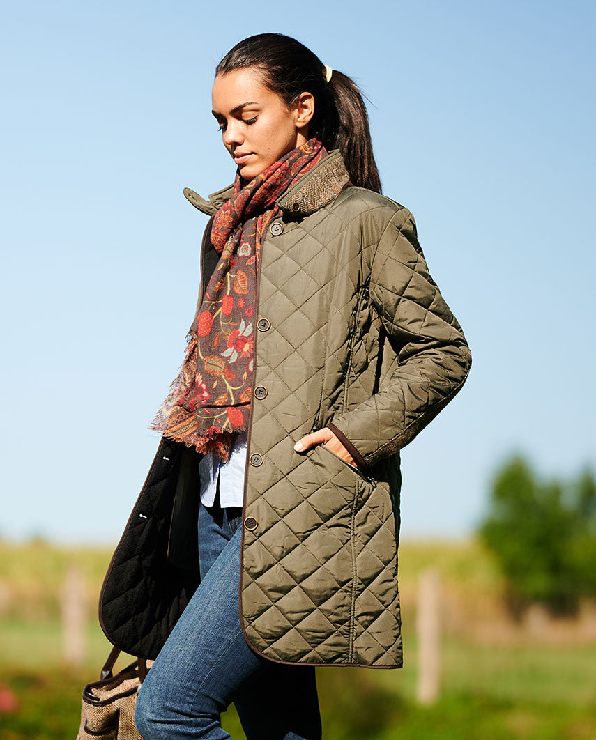 Quilted coat “Gabby” with tweed trim in olive