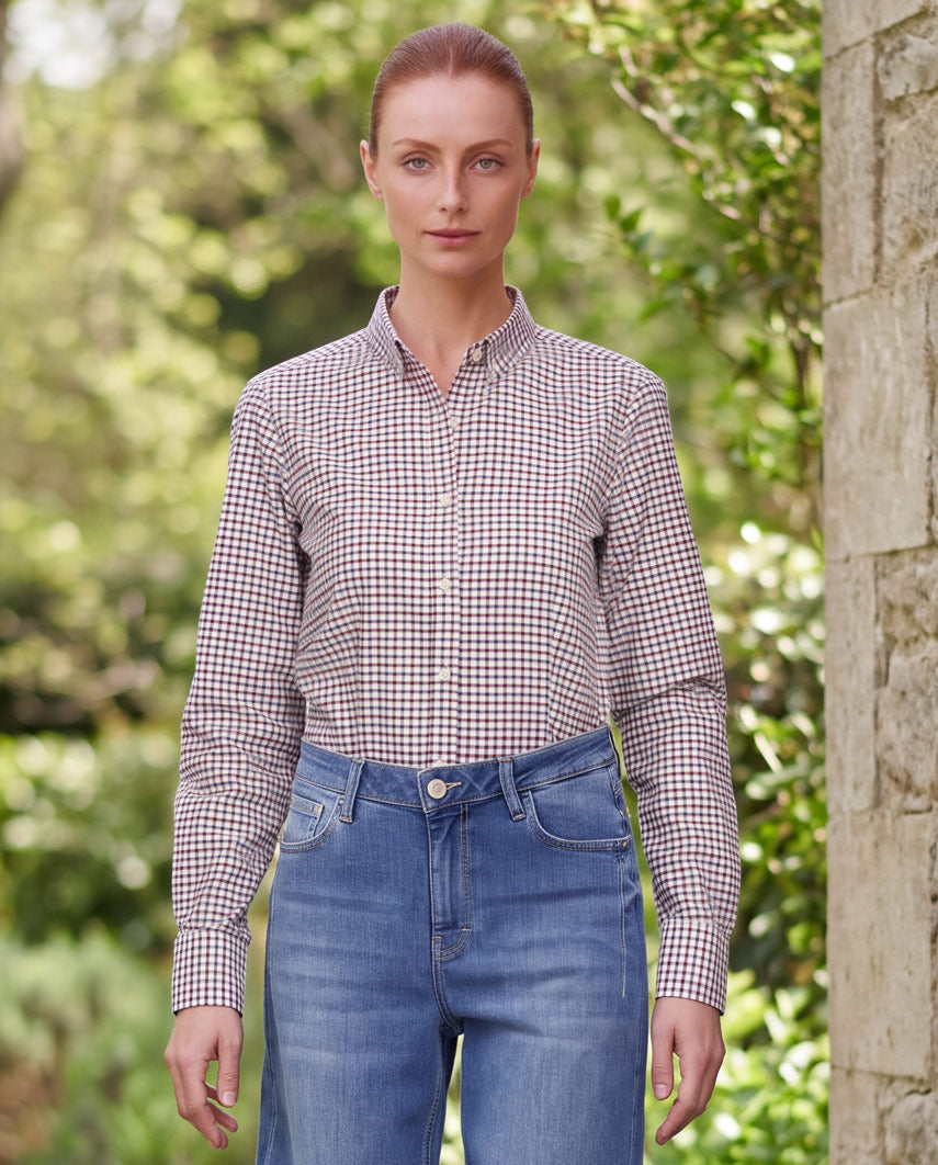 Button-Down Damenbluse "Stella" in vine blue check