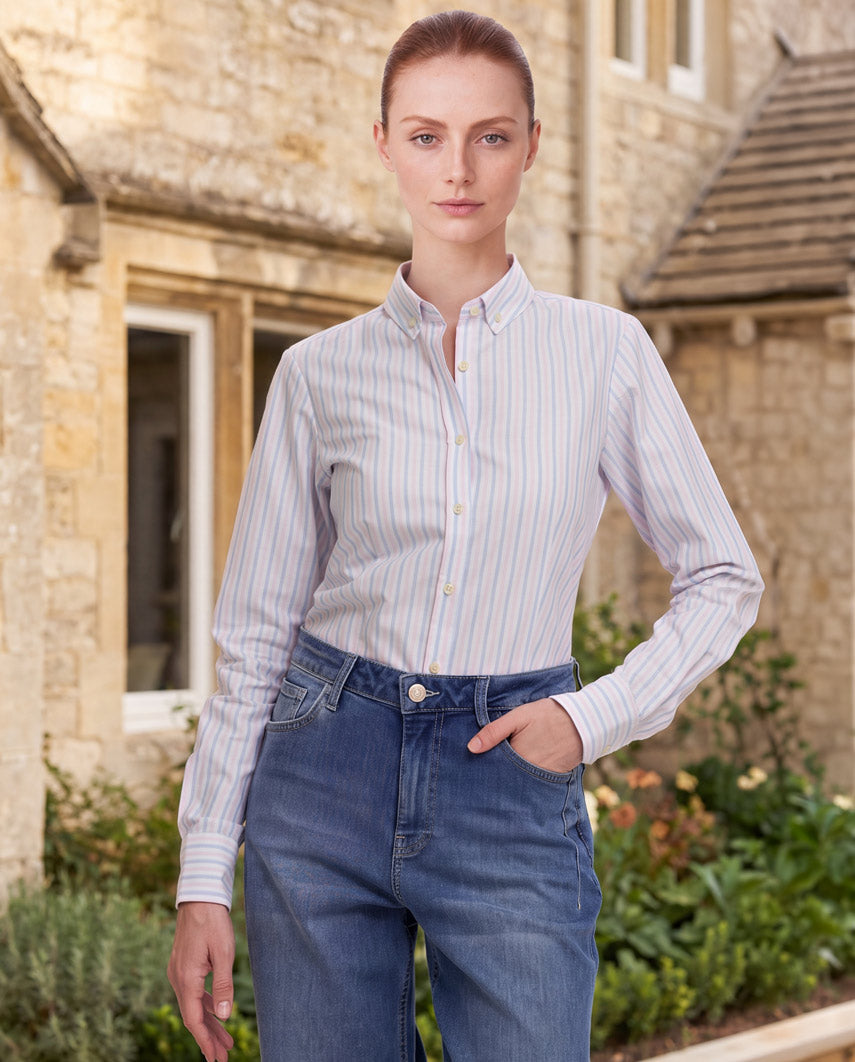 Button-Down Damenbluse "Stella" in rose blue stripe
