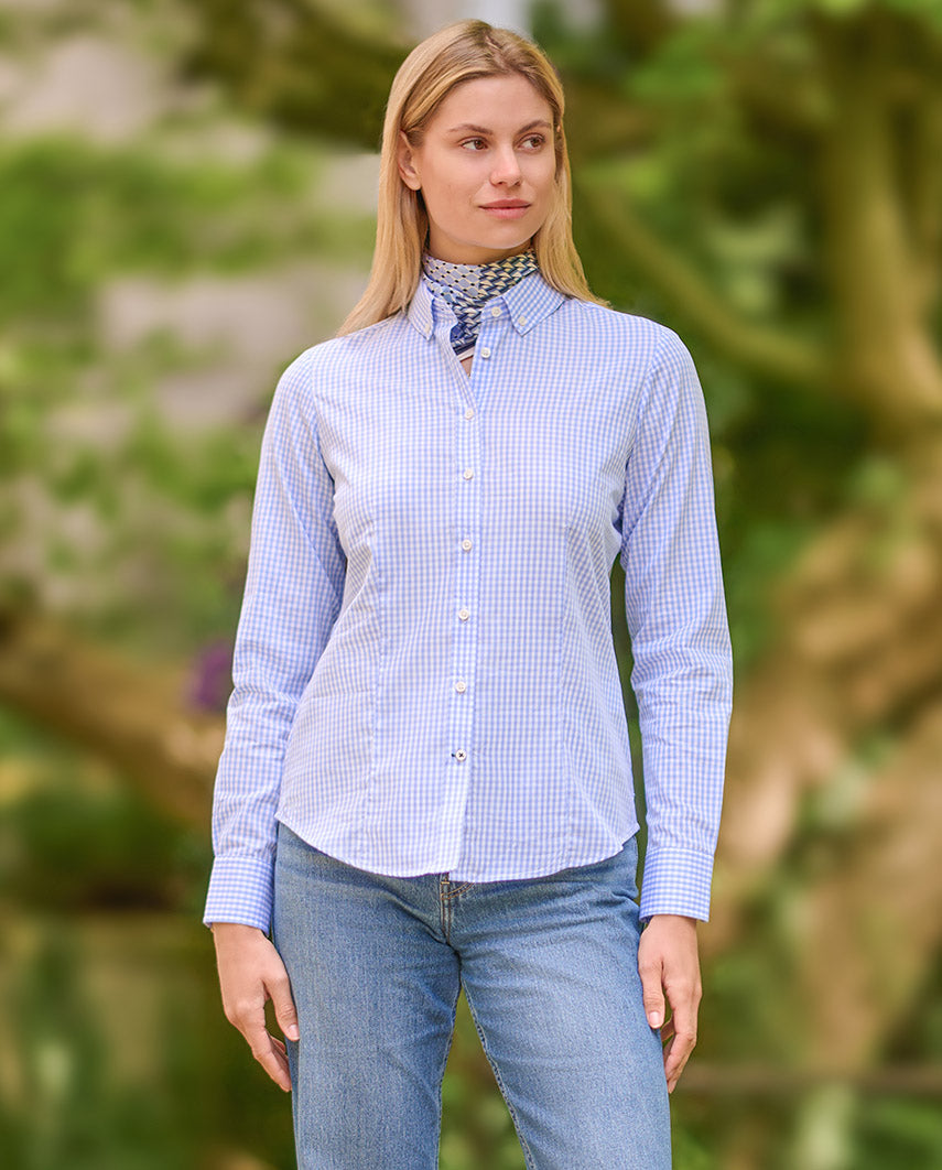 Button-Down Damenbluse „Stella“ im blauen Vichy Karo