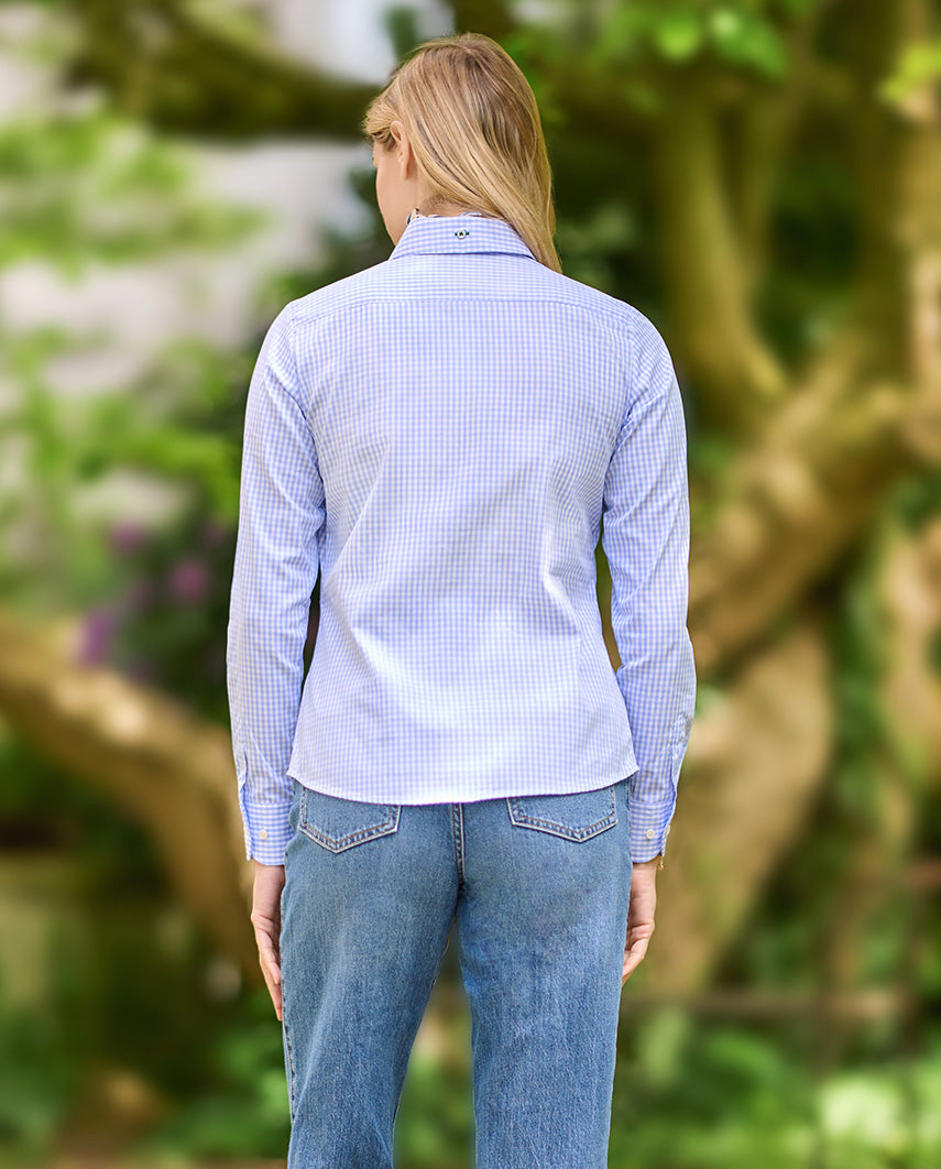 Button-Down Damenbluse „Stella“ im blauen Vichy Karo