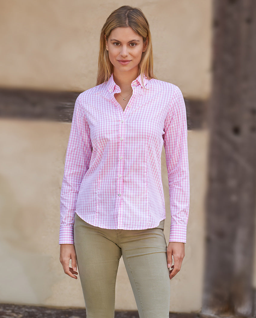 Button-Down-Damenbluse „Stella“ im pinken Vichy-Karo