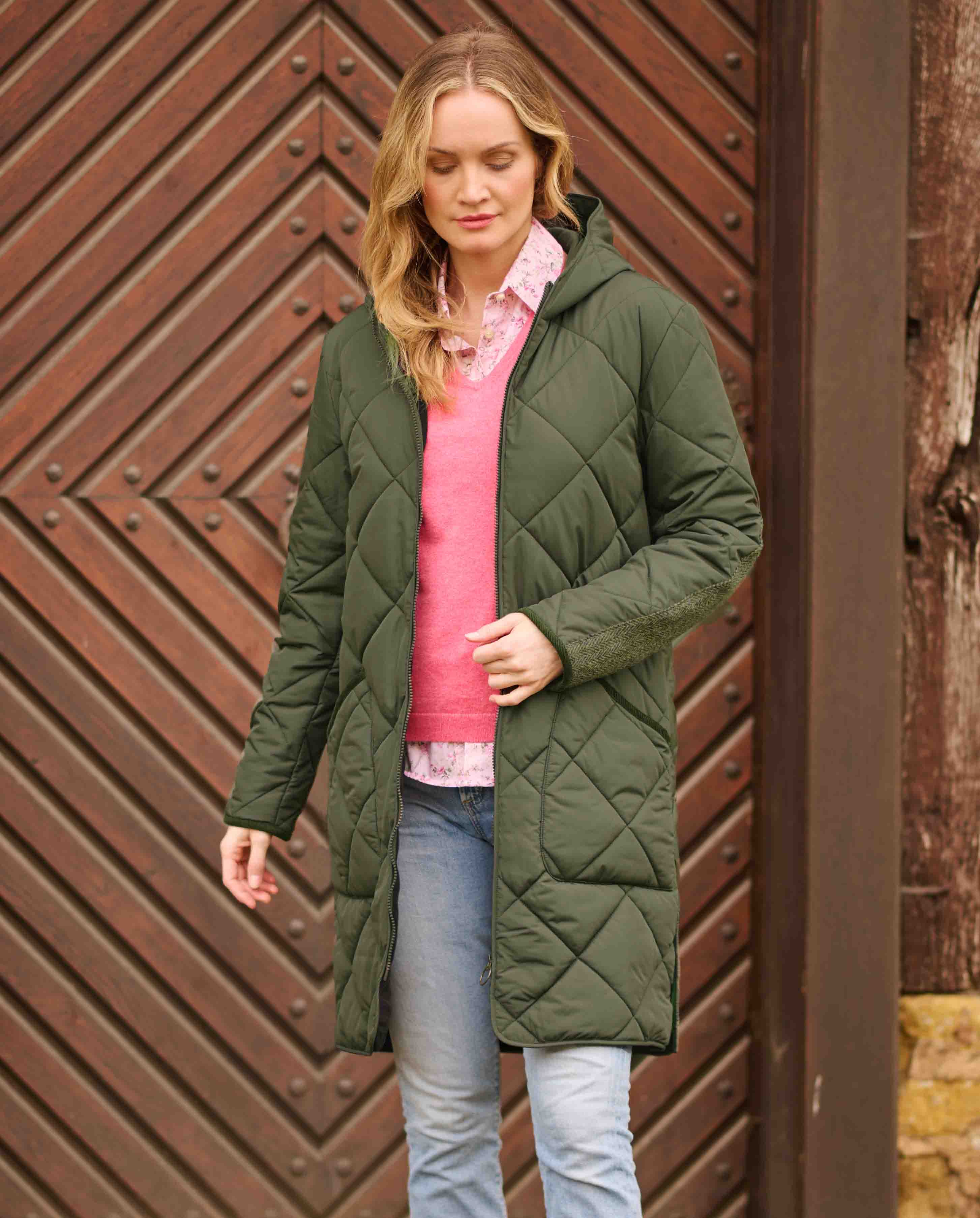 Damen Steppmantel ''Perth'' mit Polar Fleece & Tweed Applikationen in oliv