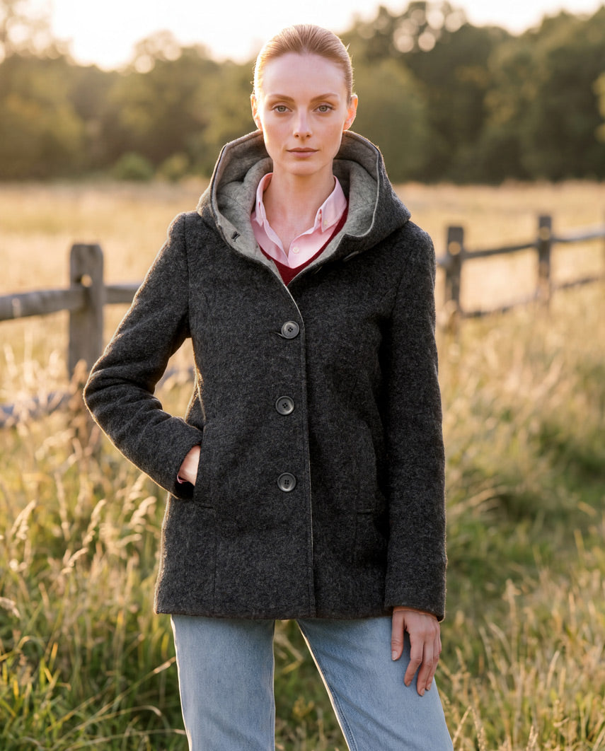 Damen-Walkmantel „Cosy Sarah“ aus gekochter Wolle in anthra