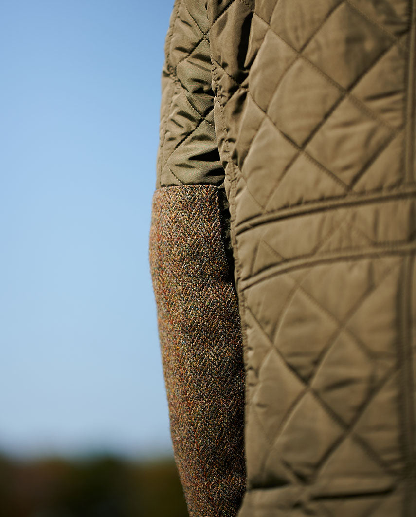 Steppjacke ”Boston” in oliv mit Tweed Applikationen