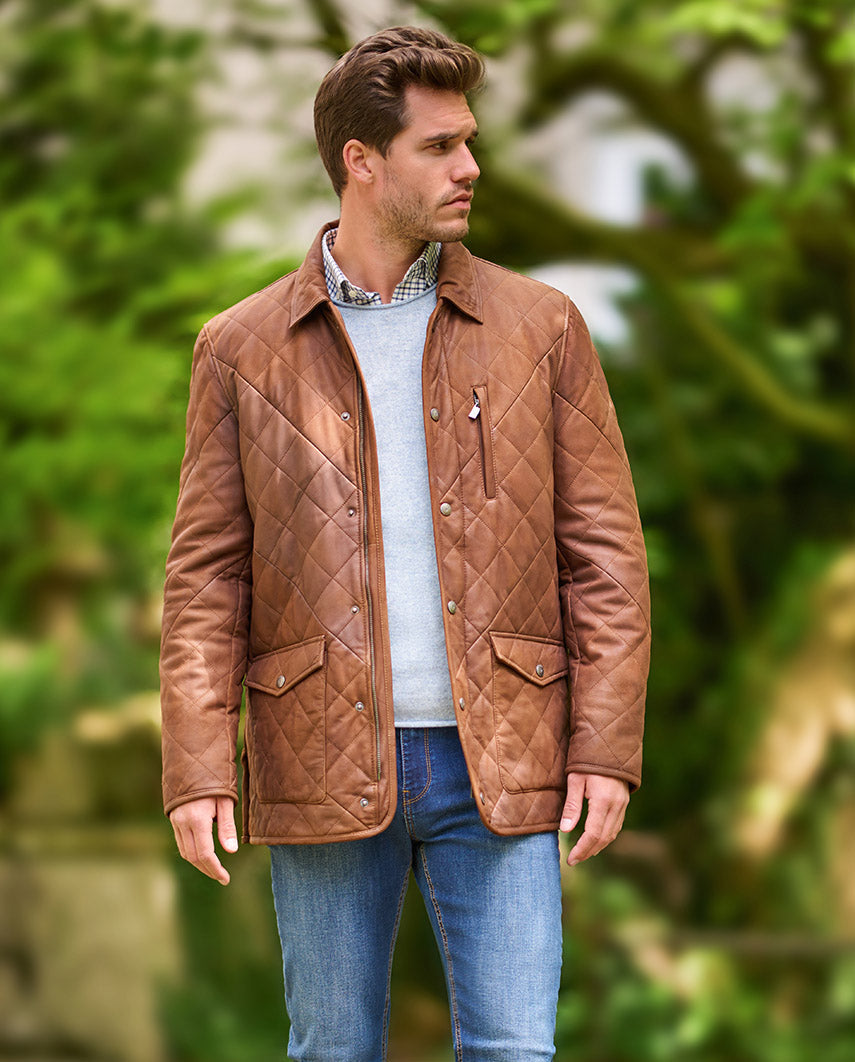 Gesteppte Herren Lederjacke ''Ben'' aus Lammnubuk in tan